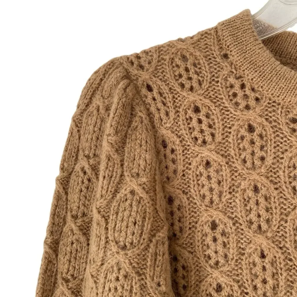 J. Crew Balloon Sleeve Open Weave Cable Knit Sweater XS Tan Brown Wool Alpaca
